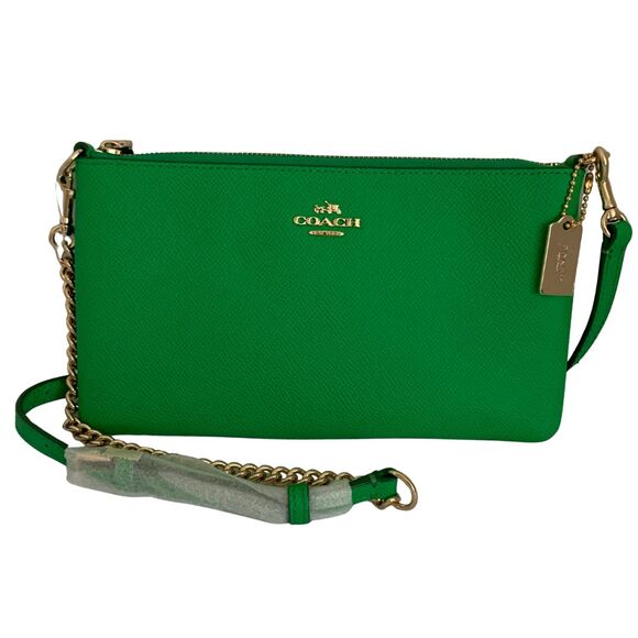 COACH Green Pebble Leather Crossbody Bag Wristlet Gold Chain Strap New - Picture 1 of 12